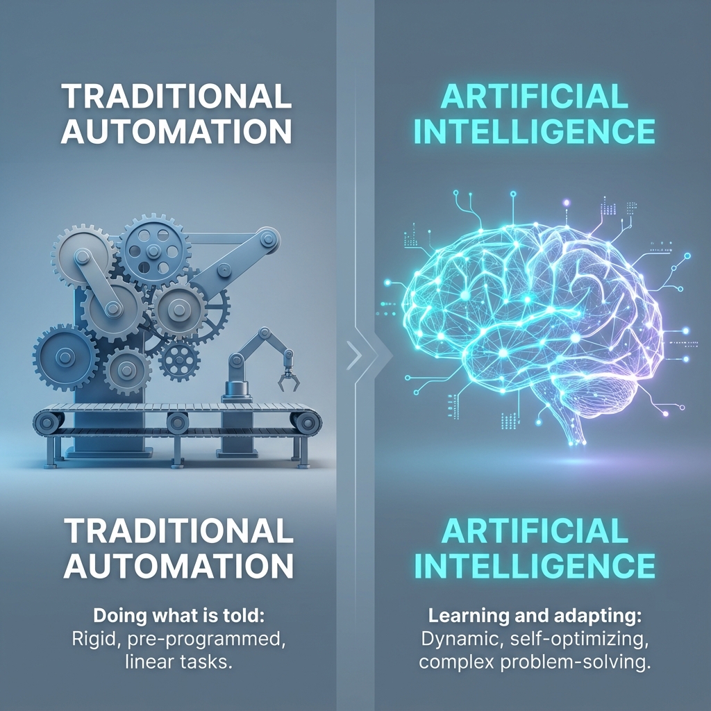 Visual comparison of Rigid Automation vs Adaptive AI